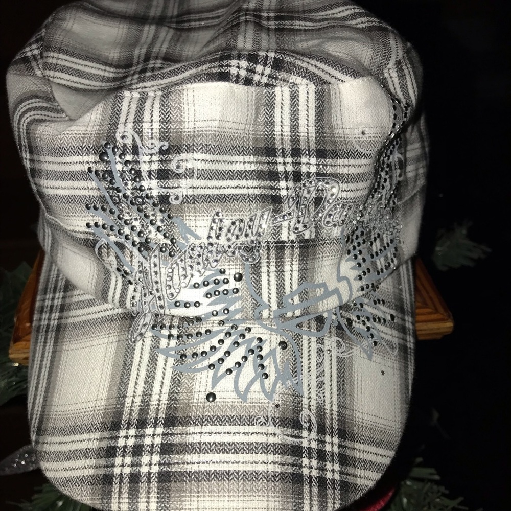 Woman’s gray/ black plaid hat with rhinestones
